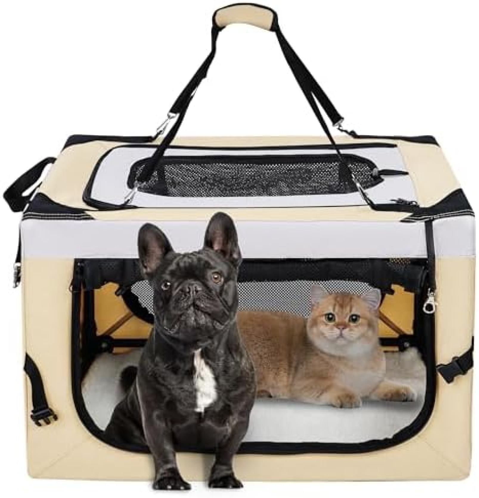 【20%OFFクーポン～】ペットキャリー 犬 猫 キャリーバッグ キャリーケース 折りたたみ ロック付き 給水ボトルバンド付き 洗濯可能 『災害、簡易ハウス、アウトドア、病院、キャンプに大活躍！ 』 (M ベージュ)