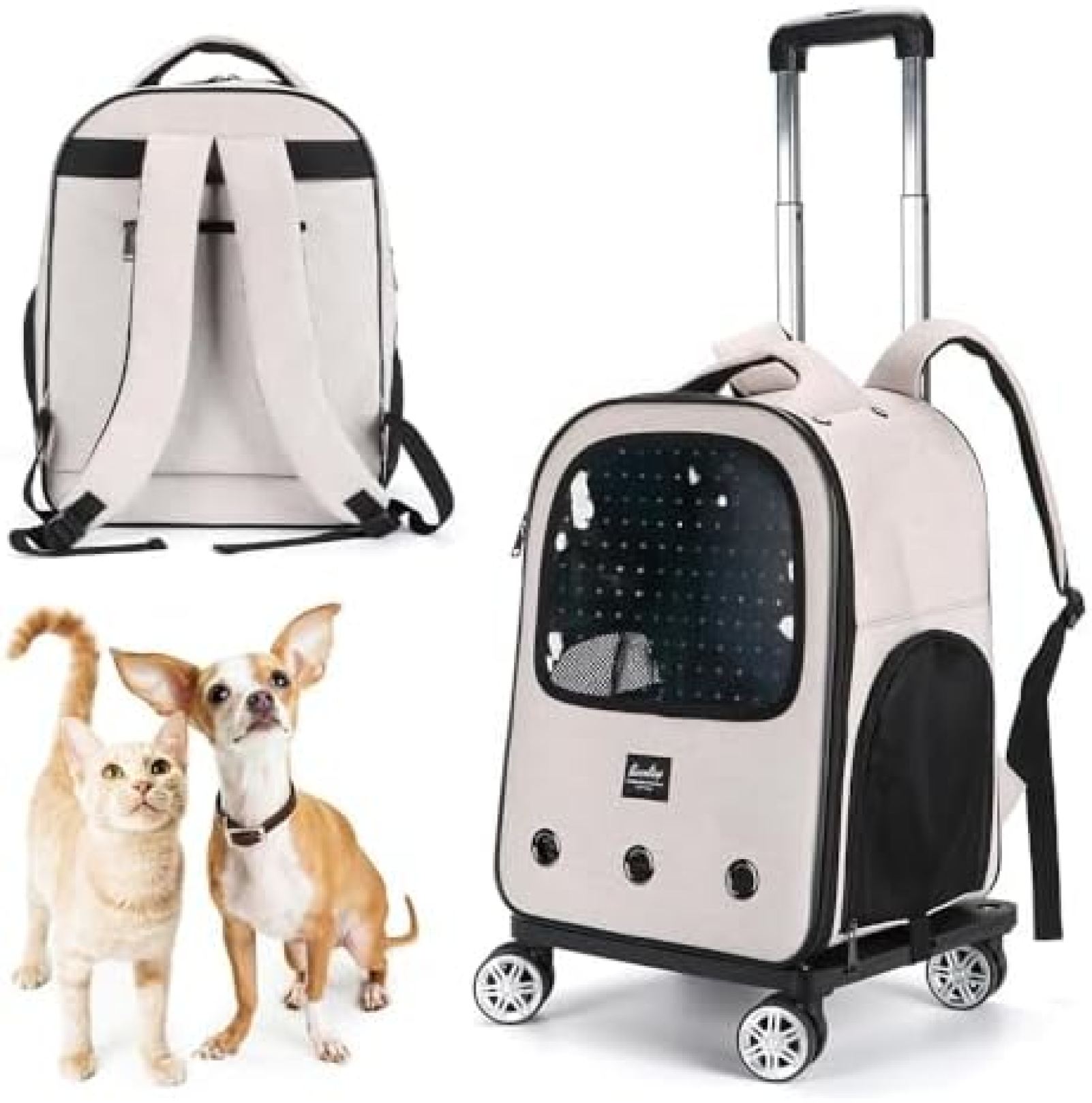 【20%OFFクーポン～】ペットキャリー キャスター付き 犬猫兼用 小動物用 ペット 小型犬 リュック 折りたたみ可 手提げ 通気性 持ち運び便利 旅行 通院 散歩 防災用 (オフホワイト) アウトドア 3色展開
