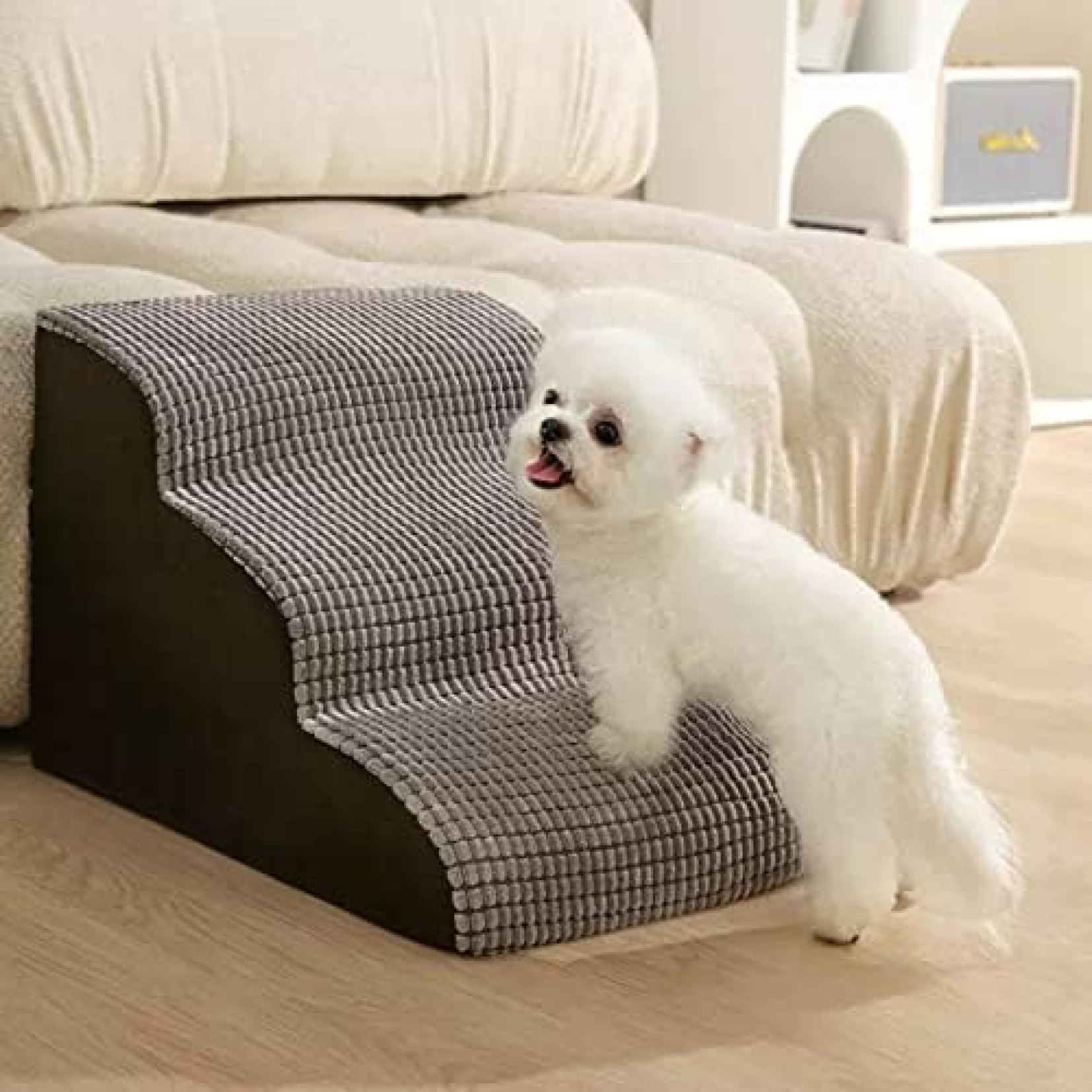 【20%OFFクーポン】ドッグステップ 中型犬用カウチドッグ階段、寝室のベッドサイドハイベッド用滑り止めペットスロープ、猫/犬用のグレーの高弾性スポンジ3ステップ｜Yokos
