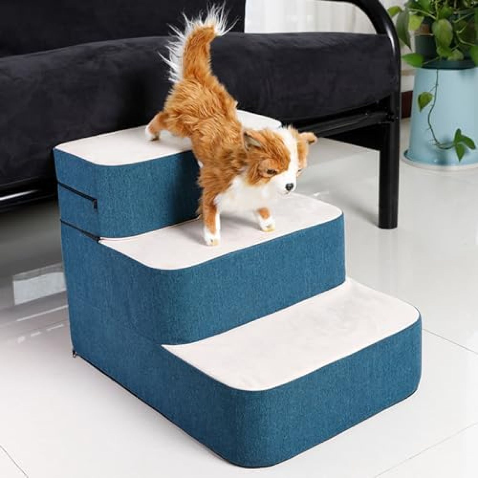 【20%OFFクーポン】小型犬や猫用の3ステップペット階段、ソファ、ソファ、ハイベッドクライミング用のポータブルスロープ階段、取り外し可能で洗えるカバー付き｜Yokos