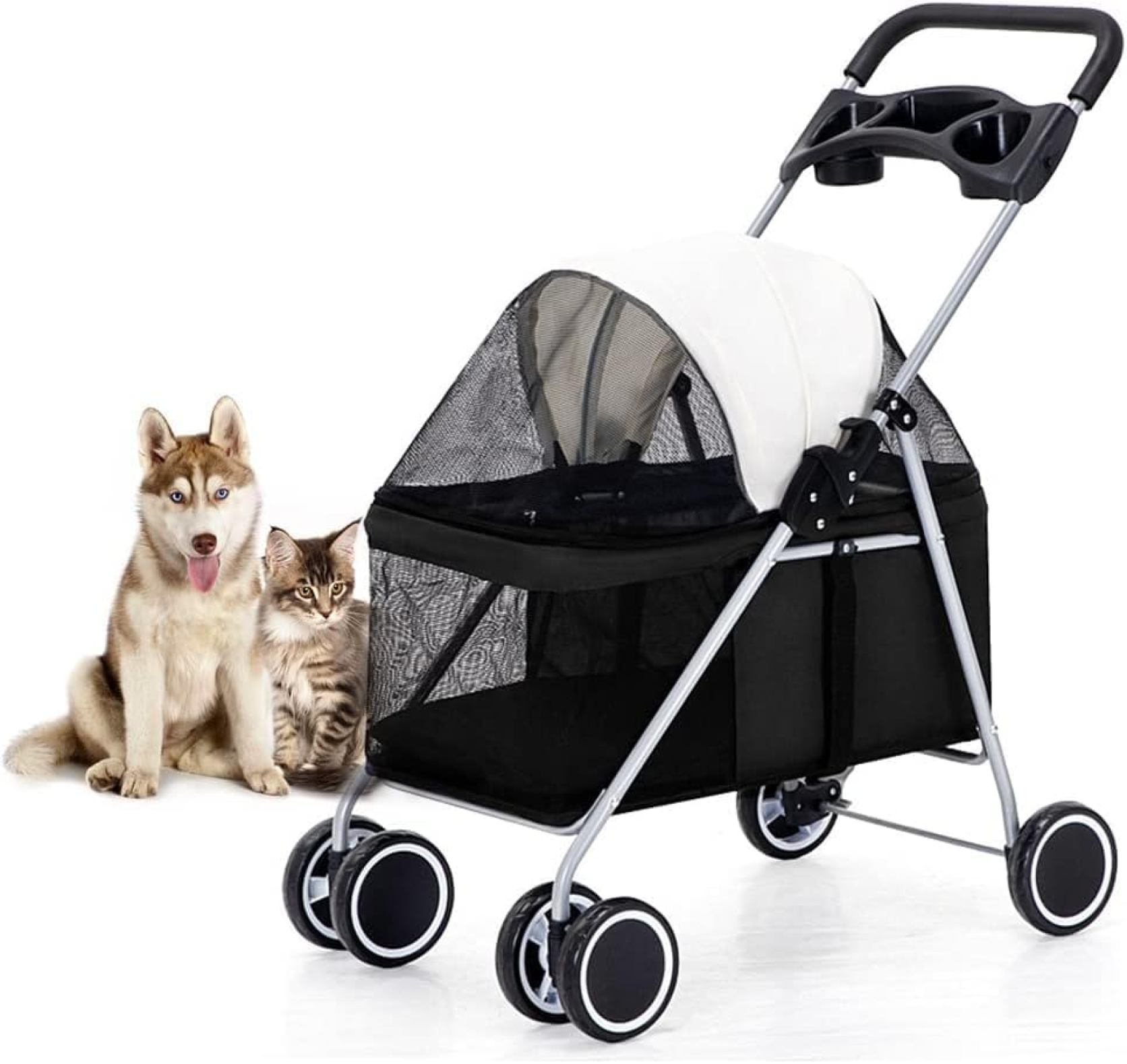 【20%OFFクーポン～】ペットベビーカー 犬猫ベビーカー 中型犬ベビーカー 多頭飼い 小型犬 中型犬 犬用ベビーカー 3way折りたたみ 4輪 授乳用 お出かけ用 軽量 組み立て簡単 前輪360°回転可能 後輪ブレーキ付き