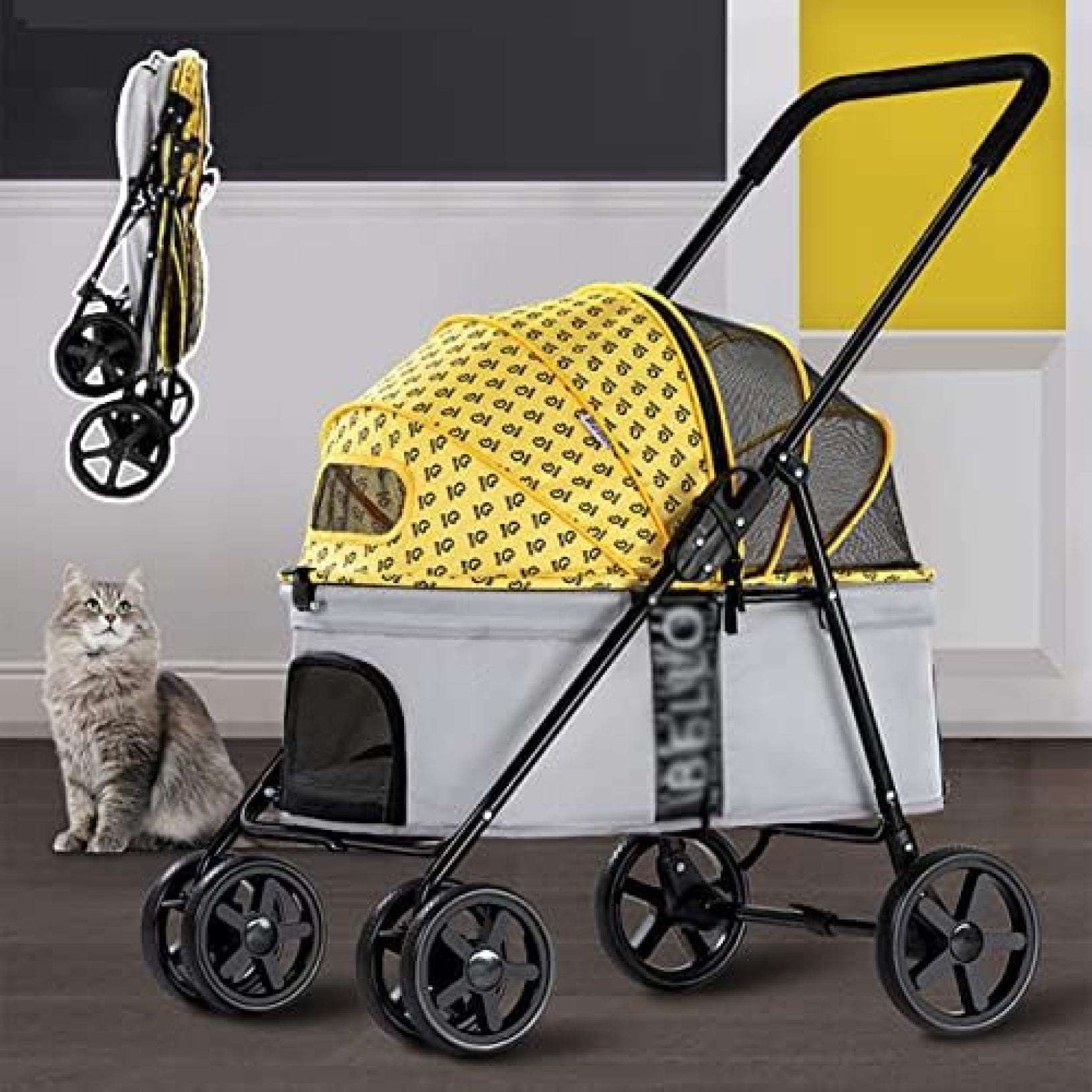【20%OFFクーポン～】ペットカート ベビーカー 犬 猫 バギー 多頭 4つの車輪が付いている黄色い携帯用折るペットのベビーカー 中小型猫犬用の調節可能なキャノピートラベルキャリッジ｜Yokos