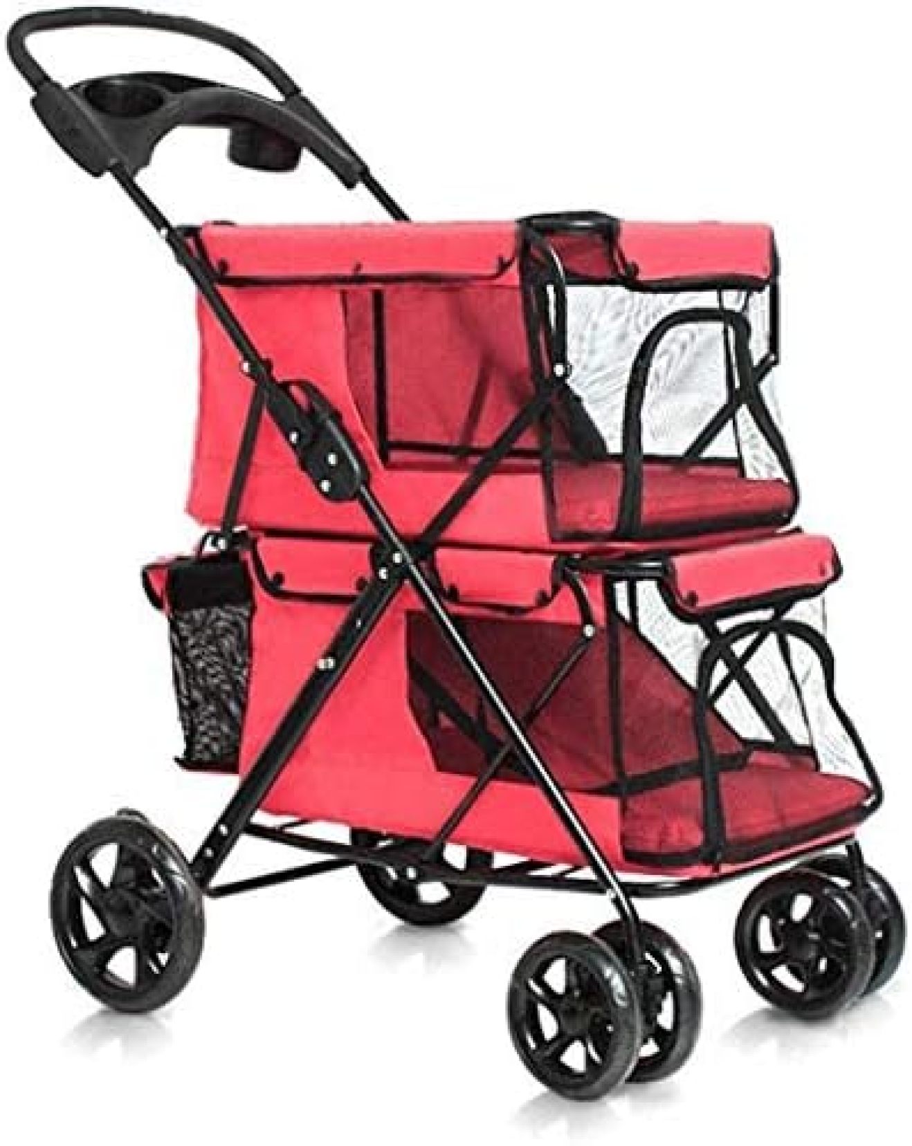 【20%OFFクーポン～】ペットカート ベビーカー 犬 猫 バギー 多頭 ペットベビーカ ダブルレイヤーペットベビーカーの折り畳み式小中犬と猫のための4つのホイール 取り外し可能なキャリア最大積載20キロで大型宇宙犬カート 多