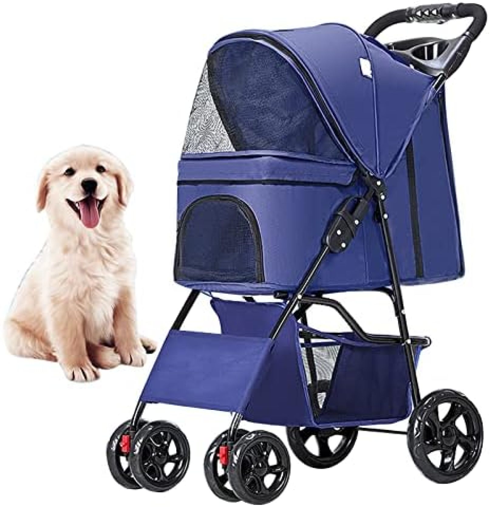【20%OFFクーポン～】ペットカート 折りたたみ ペットカート 軽量4輪 犬用ベビーカー 猫犬兼用 前輪360°回転 後輪ブレーキ付 防水レインカバー付き組み立て簡単 小型犬 中型犬介護用 耐荷重15kg通気性 散歩 旅行