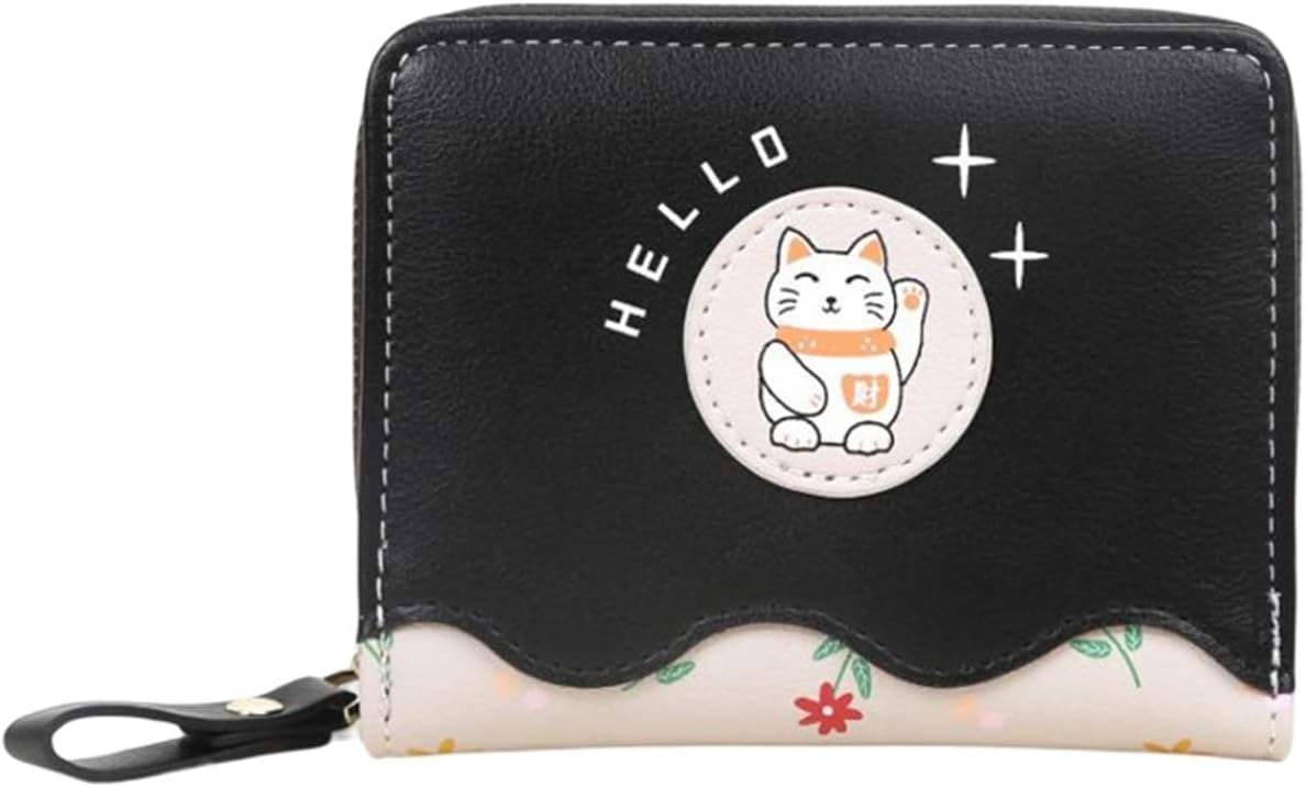 【20%OFFクーポン】小さい財布 レディース 財布 2つ折り 英字柄 猫柄 ボタン ファスナー 軽量 大容量 小銭入れ カード入れ 多機能 使いやすい スキミング防止 コインケース ウォレット かわいい ファッション ギフ