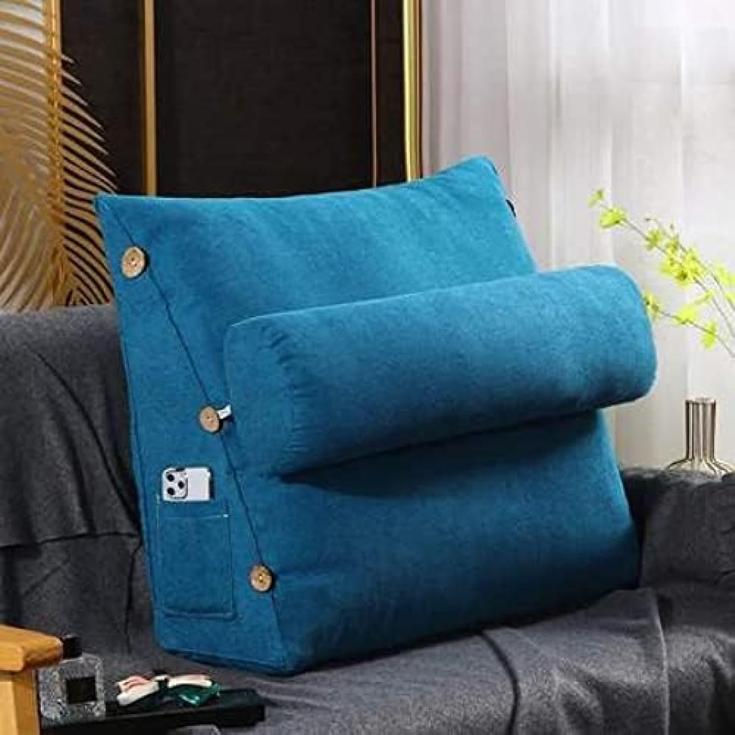 【20%OFFクーポン】背もたれ クッション 筒型枕付き 耐久性 柔軟性 45*45*20cm 背もたれクッション ウェッジクッション 三段階調整 イエロー 側面ポケット付き シンプル モダン PPコットン うつぶせ寝クッシ
