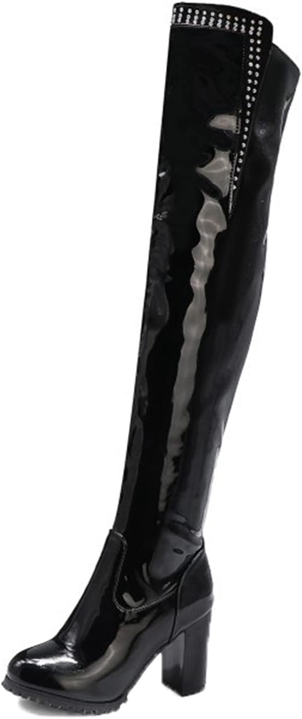 【20%OFFクーポン～】21.5-30cm ニーハイブーツ エナメル ハイヒール9cm 超長 レディース ロングブーツ リベット ポインテッドトゥ 欧米風 セクシー ストレッチ 秋冬 サイトジッパー PU 騎士ブーツ 大きい