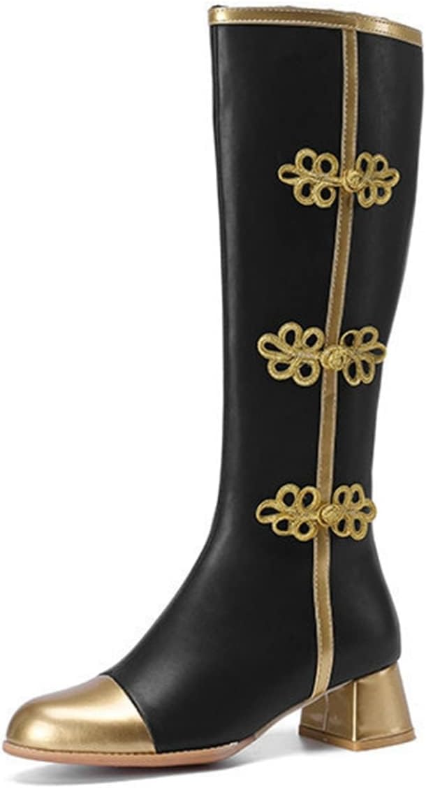 【20%OFFクーポン~】ロングブーツ 長靴 ひざ丈 ジョッキーブーツ レディース つま先金 チャイナボタン 中華風 袴ブーツ 合皮 痩せ効果 軽量 履きやすい 痛くない フェミニン 秋冬 滑り止め 切り替え|Yokos
