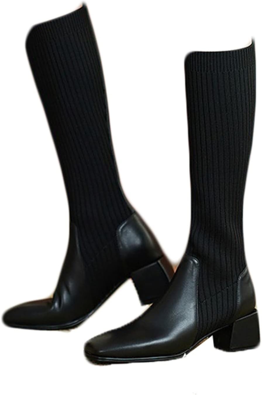 【20%OFFクーポン～】ソックスブーツ ロングブーツ 本革 ニット ミドルヒール5.5cm パッチワーク ストレッチ レディース 歩きやすい 太ヒール 秋冬ブーツ スクエアトゥ 脱げない 発表会 宴会 おしゃれ 細見え｜Yokos