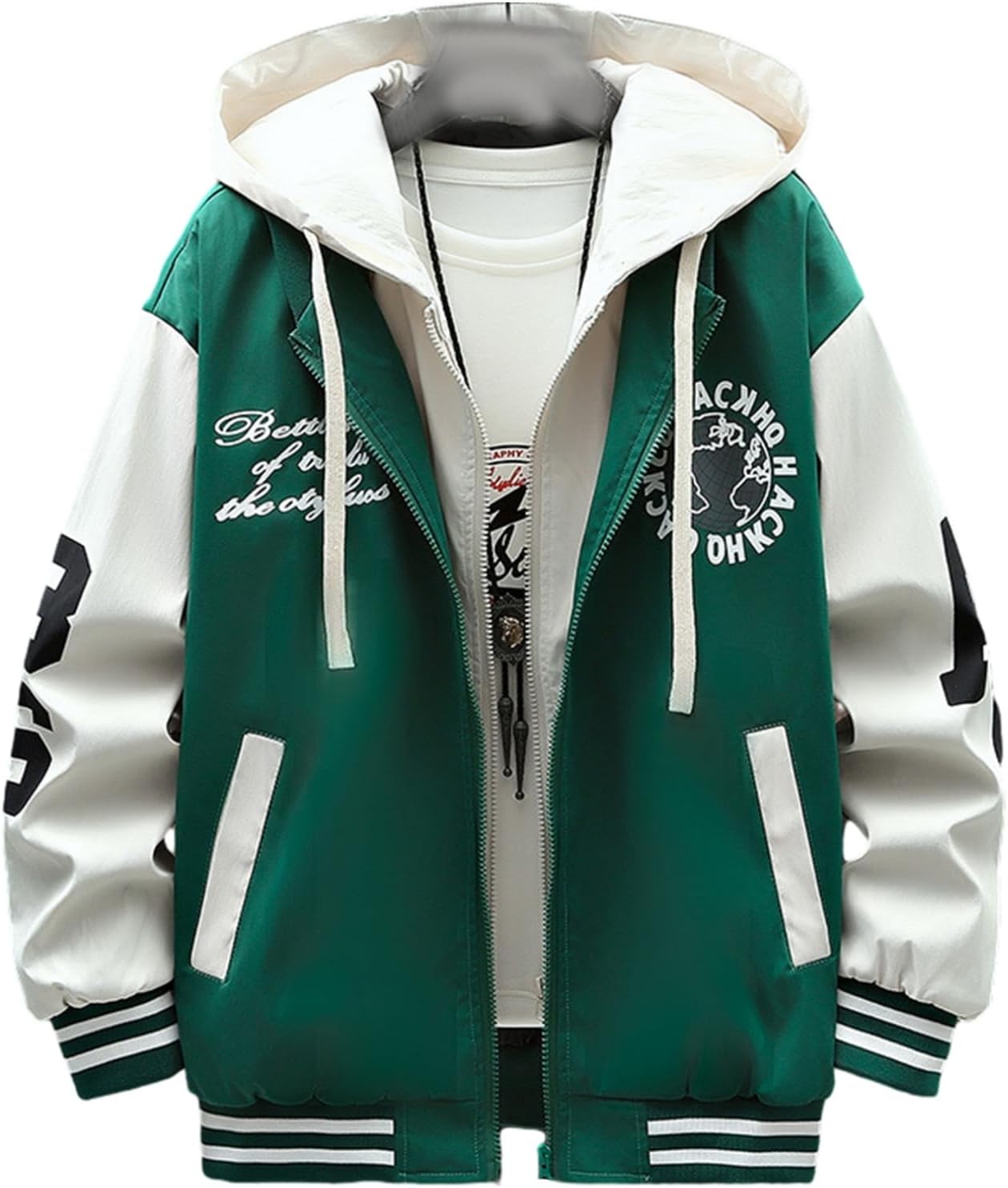 【20%OFFクーポン～】ジャケット スタジャン メンズ ジャンパー 春秋 ゆったり ファスナー フェイクレイヤード フード付き アメカジ おしゃれ パッチワーク プリント 英字柄 ヒップホップ ストリート カジュアル 男女兼｜Yokos