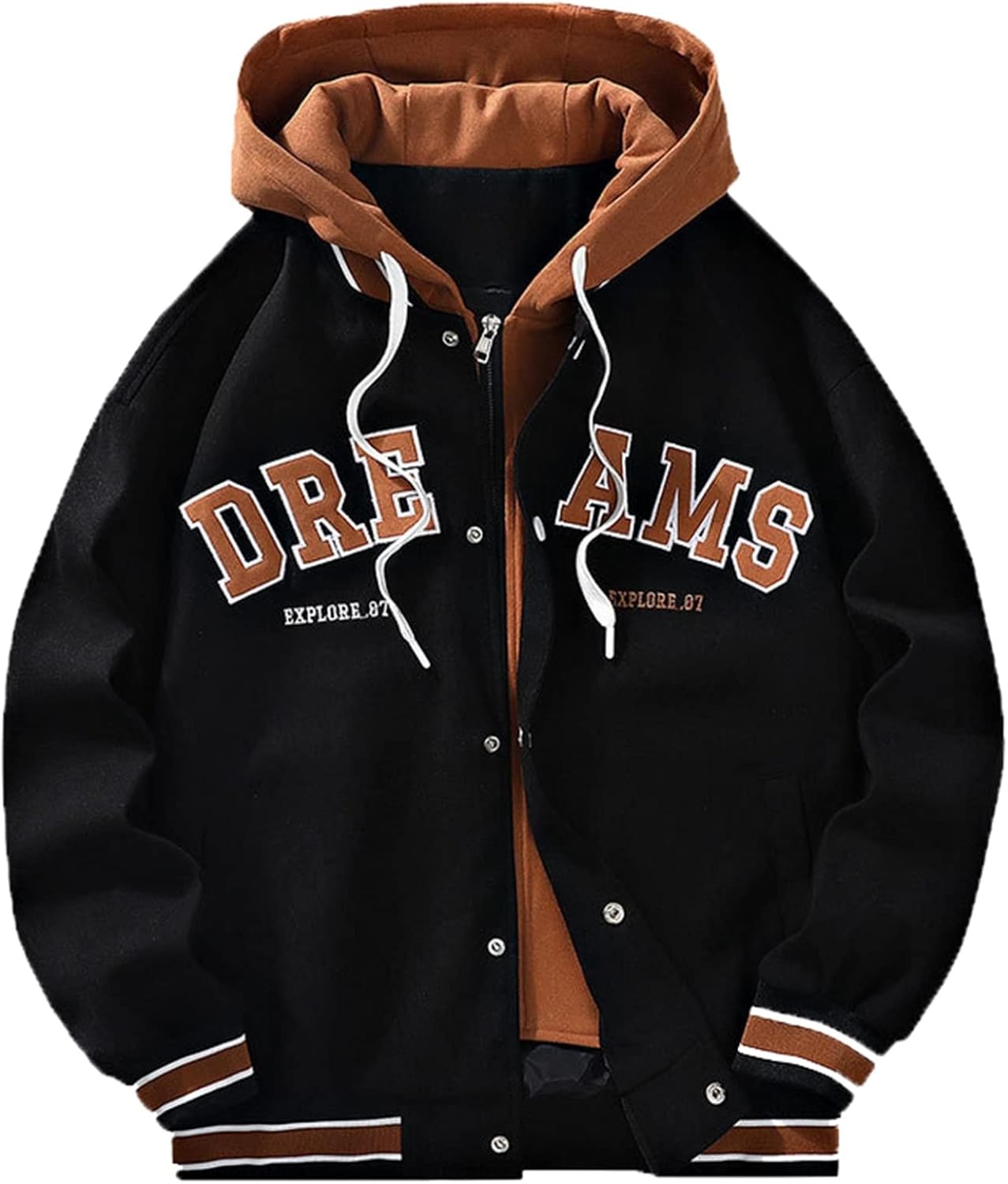 【20%OFFクーポン~】フェイクレイヤード スタジャン メンズ パーカー 英字柄 バイカラー 長袖 春秋服 ジャケット ソフト ビッグシルエット 保温性 吸汗性 丈長め カジュアル ハンサム ファッション 体型パカー 防風|Yokos