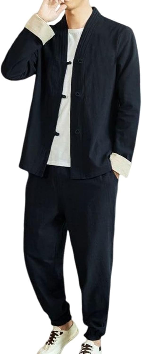 【20%OFFクーポン~】セットアップ メンズ 2点上下セット 春夏秋 M~5XL 綿麻 長袖 ゆったり カジュアル 無地 通気性 通勤 通学 日常 開襟 男性用 部屋着 トップス ズボン パンツ ロングズボン ロングパンツ