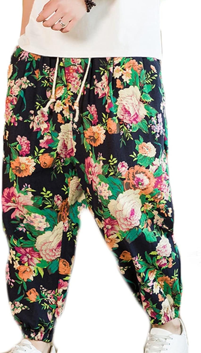 【20%OFFクーポン～】花柄 サルエルパンツ メンズ リネン ワイドパンツ 薄手 大きいサイズ M~5XL ゆったり バギー 通気 ロング アラジンパンツ エスニック風 オシャレ モード系 ルームウェア 夏用 長ズボン ビッ