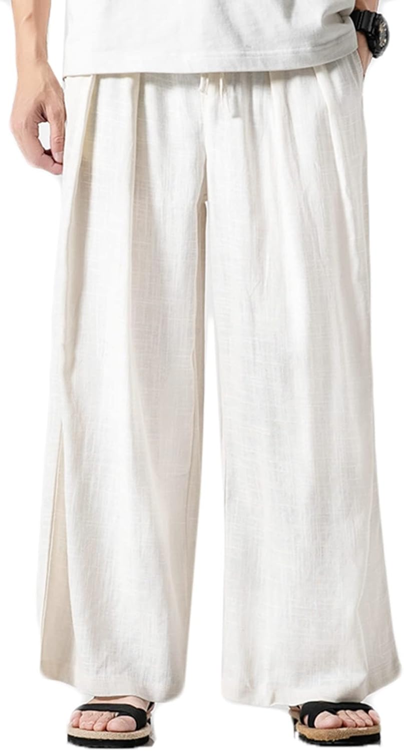 【20%OFFクーポン~】綿麻 ワイドパンツ メンズ サルエルパンツ アラジンパンツ 無地 春夏秋着 レトロ 無地 シンプル ルーズ 日系 中華風 ガウチョパンツ ルーズ ヴィンテージ 大きいサイズ チノパン ゆったり 白 青|Yokos