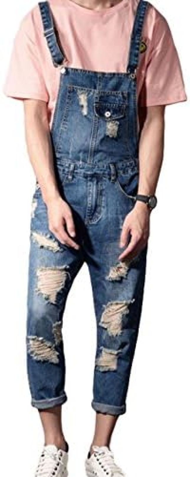 【20%OFFクーポン～】メンズ サロペット デニム ゆったり ダメージ有り ストリート オーバーオール 夏 9分丈 ジーンズ｜Yokos