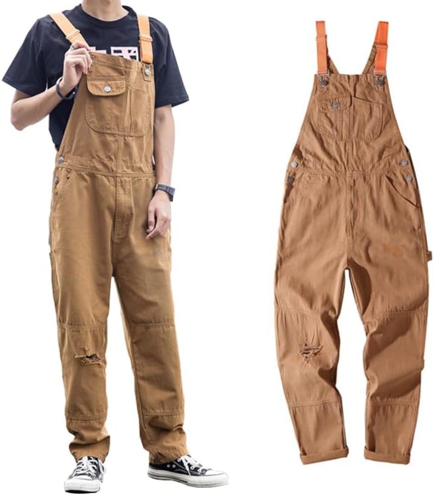 【20%OFFクーポン～】オーバーオール メンズ 作業用 サロペット ビッグシルエット ワークパンツ ダメージ ワイド 体型カバー 太め ゆったり カジュアル 無地