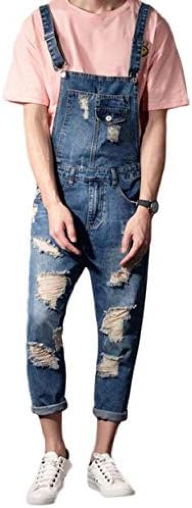【20%OFFクーポン~】サロペットパンツ メンズ スリム ダメージ加工 ファッション ジーンズ おしゃれ オーバーオール カップル 春 夏|Yokos