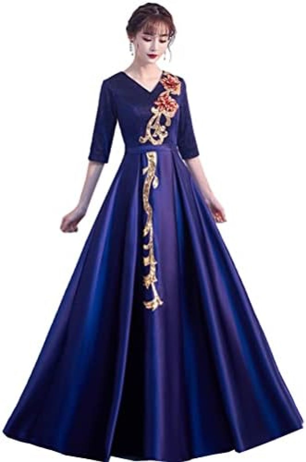 【20%OFFクーポン～】レディース ドレス ワンピース イブニングドレス ロングワンピース プリンセスワンピース サテン 立体な花柄刺繍 エレガント 演奏会 パーティー フォーマル