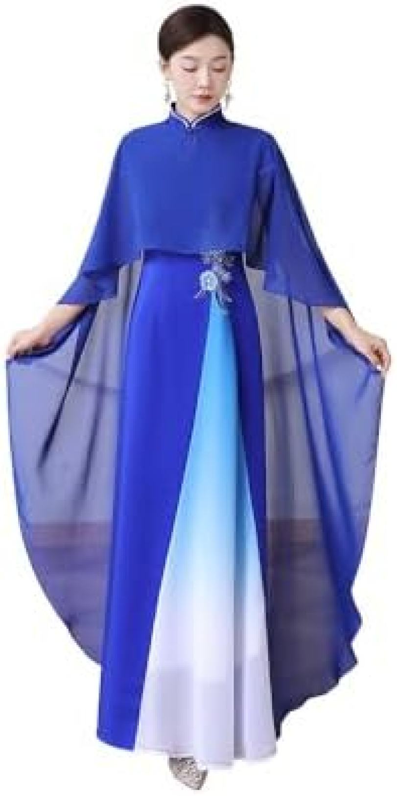 【20%OFFクーポン～】ワンピース ショール付き アオザイ風 パーティドレス イブニングドレス マキシ丈 お呼ばれ パフォーマンス 演奏会 発表会 ステージ衣装 舞台衣装 二次会 お出かけ着｜Yokos