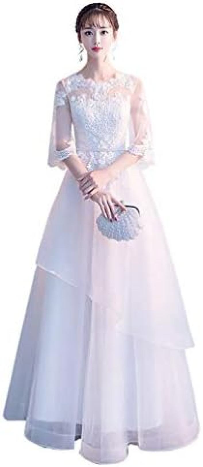 【20%OFFクーポン～】可愛い ウェディングドレス 二次会ドレス 結婚式 プリンセスラインドレス 姫系 パーティードレス 新婦 挙式 ブライダル ドレス 袖あり 発表会 ロングドレス ホワイト