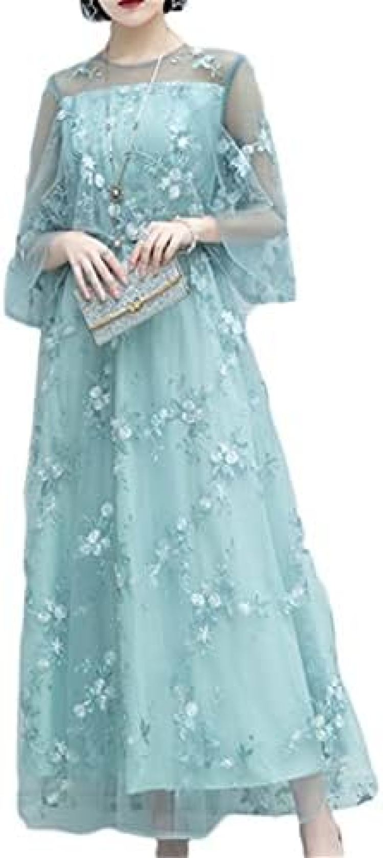 【20%OFFクーポン～】レディース ワンピース 結婚式 ドレス イブニングドレス パーティードレス 七分袖 レース 花柄 刺繍 ロング ゆったり 着痩せ エレガント 大人 演奏会 謝恩会 お呼ばれ 大きいサイズ 発表会 披露