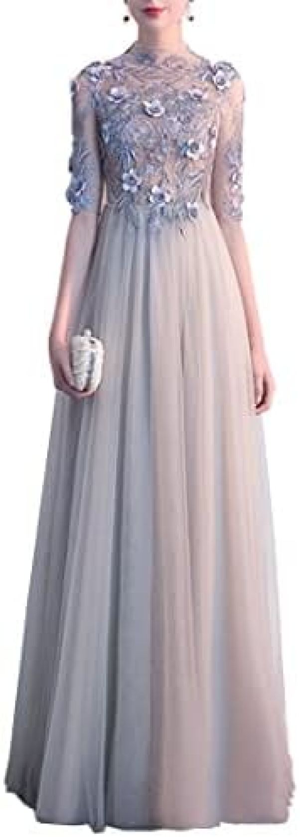 【20%OFFクーポン～】イブニングドレス レディースドレス 宴会ドレス ワンピース ロングドレス パフォーマンス コーラス ホスト 発表会 演奏会 二次会 披露宴 花柄 チュール マキシ丈 スタンドカラー グレー 半袖 着痩