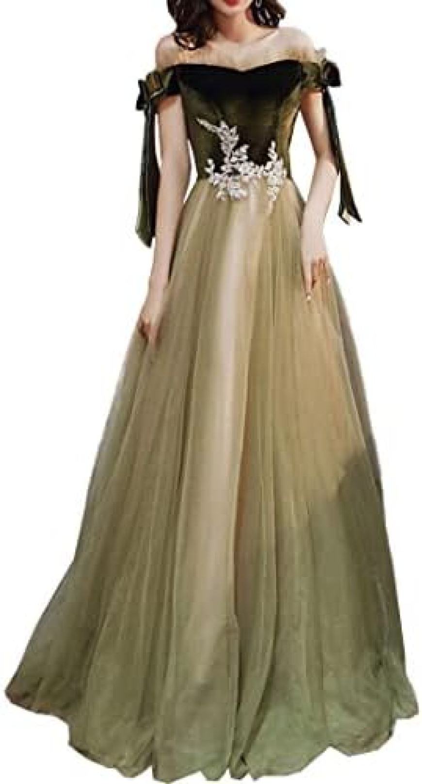 【20%OFFクーポン～】レディース グリーンドレス 宴会ドレス イブニングドレス リボンドレス ワンピース パフォーマンス コーラスホスト 発表会 演奏会 二次会 結婚式 フリル 着痩せ 春夏 体型カバー エレガント マキシ