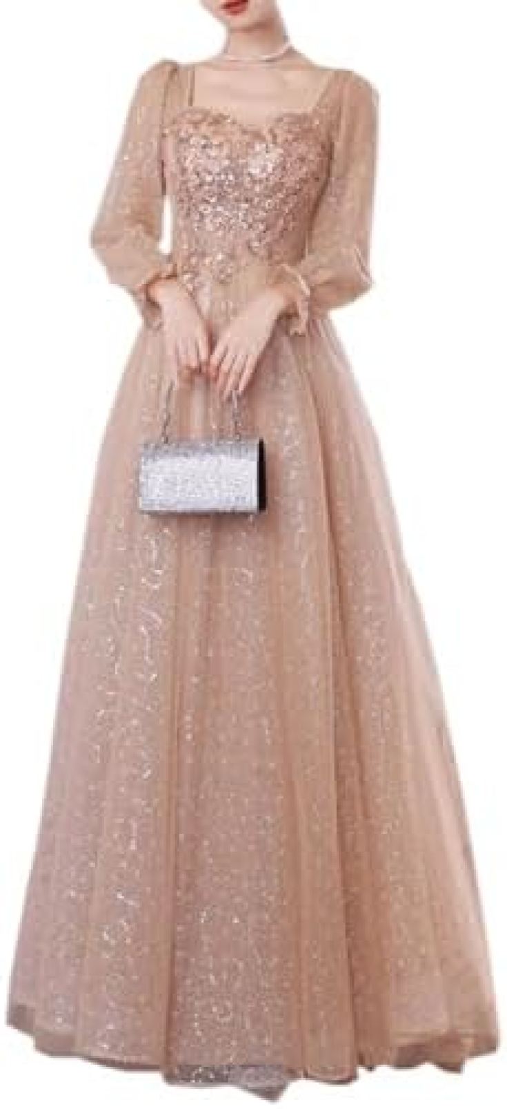 【20%OFFクーポン~】パーティードレス イブニングドレス ロングドレス チュール ドレス 大人 長袖 スクエアネック ロング Aライン ワンピース キラキラ ふんわり 二次会 レディース フォーマル 花嫁 結婚式 成人式|Yokos