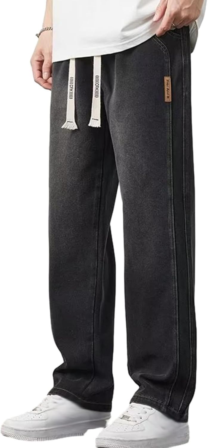 デニムパンツ ジーンズパンツ メンズ アイスシルク 夏秋 ルーズ ビックサイズ 男子 レトロ ボトム ロングパンツ 大人 お洒落 オリジナル アウトドア スポーティー ストレート 無地 ビター系 アメ｜Yokos