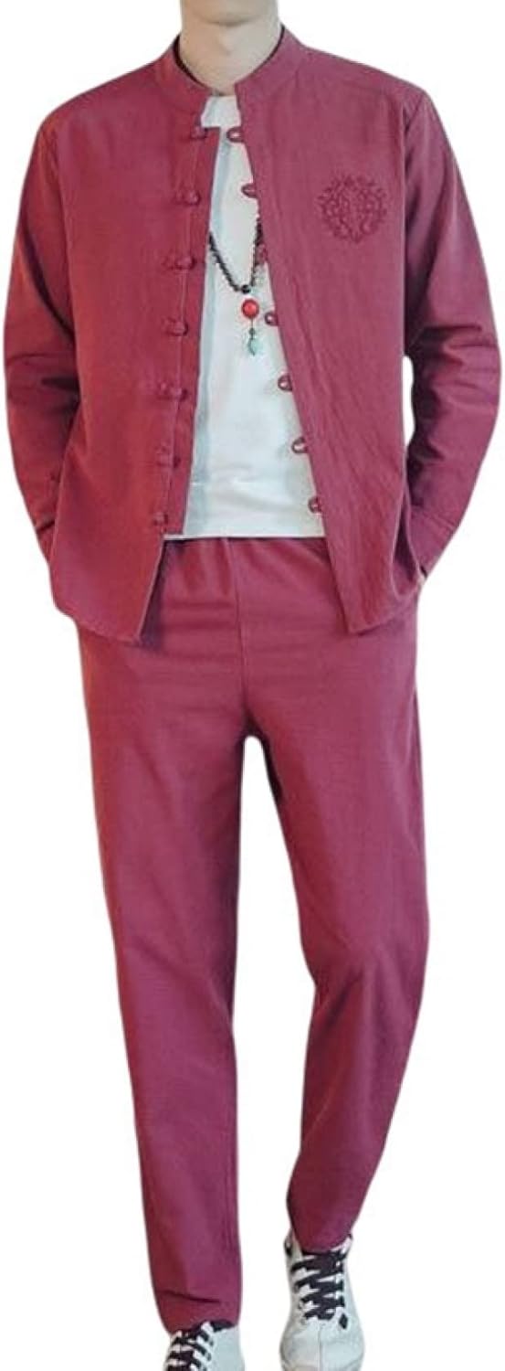 セットアップ メンズ 2点上下セット 春夏秋 M～5XL 綿麻 長袖 ゆったり カジュアル 無地 通気性 通勤 通学 日常 開襟 男性用 部屋着 トップス ズボン パンツ ロングズボン ロングパンツ