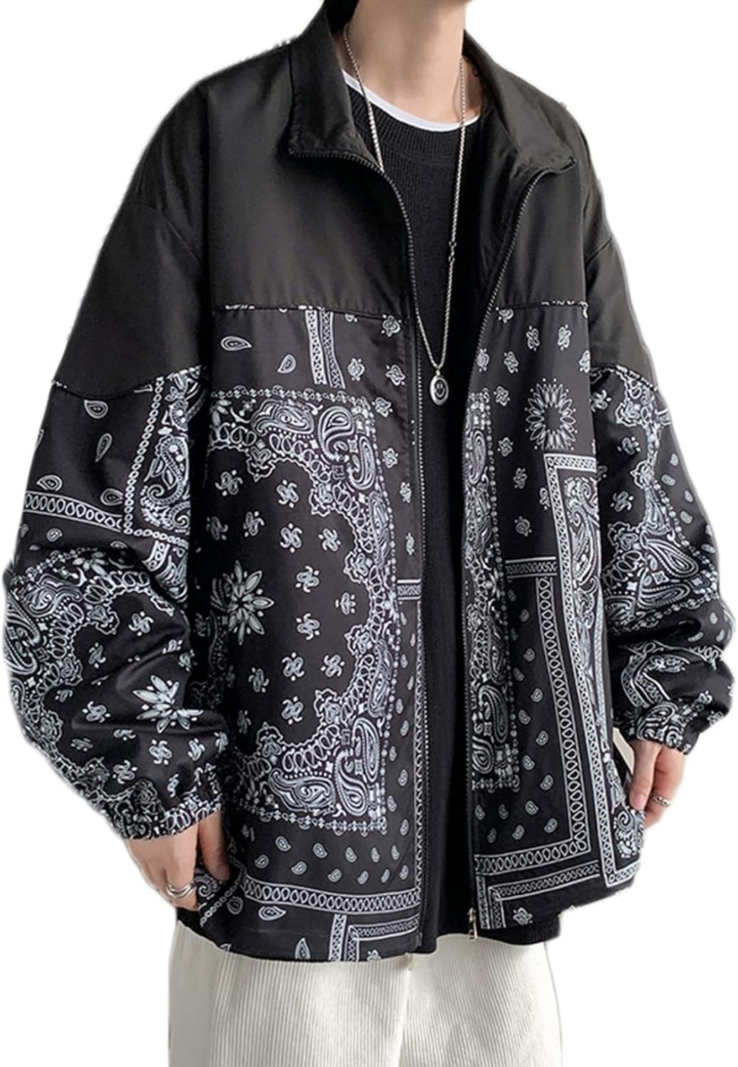 メンズ パーカー ジャケット 春秋服 カシューナッツ柄 ゆったり ファッション 通気 防風 スタンドカラー 体型パカー トップス トレーナー 肌触りがいい 柔らかい 丈長め カジュアル ジップアップ|Yokos