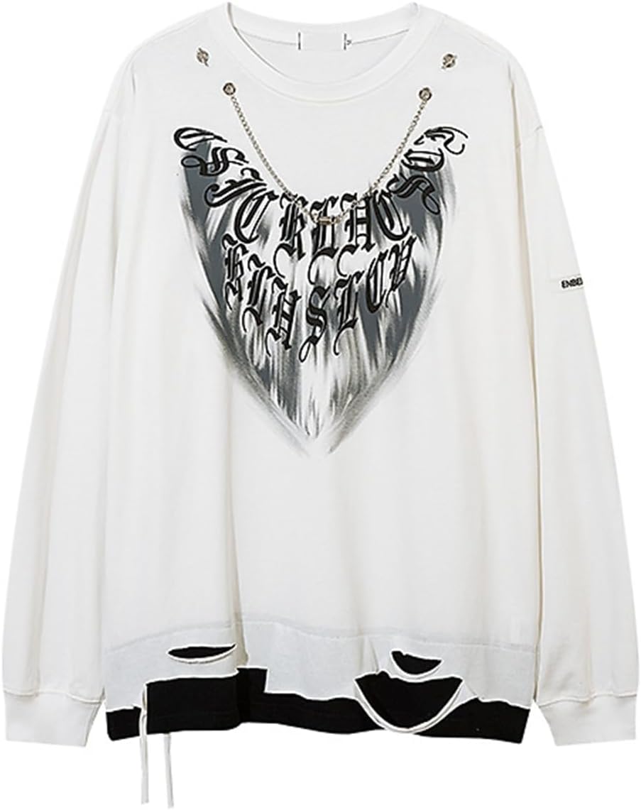 トレーナー メンズ 落書き 小さめ チェーン クルーネック 長袖 パーカー レイヤード Tシャツ 破れ クルーネック ボア付き フルオーバー 秋服 冬服 暖かい 個性的 ストリート系 原宿風 青年 若｜Yokos