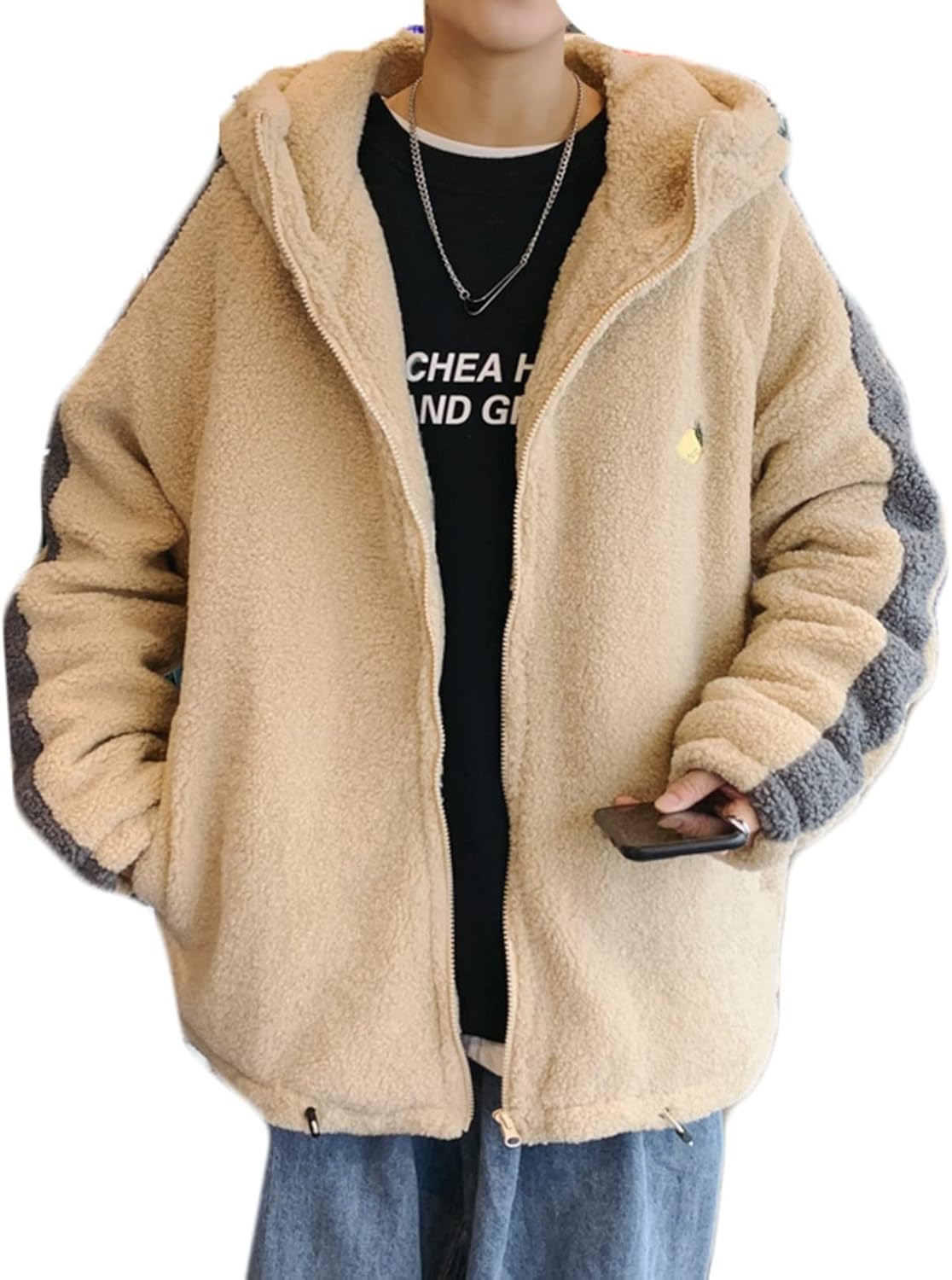 ボアフリース ジャケット M-5XL ブルゾン フード付 ハイネック メンズ 大きいサイズ 防寒服 秋用 冬用 モコモコ 起毛 スタジャン 暖かい 厚手 カジュアルコート アウトドア 通勤通学|Yokos