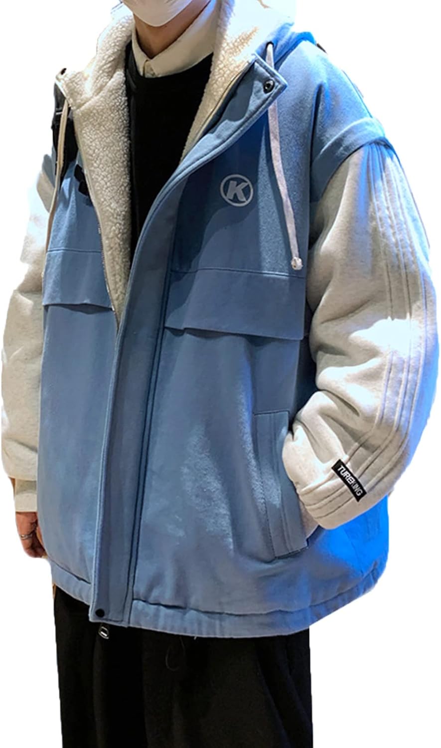 ボアジャケット ジップアップブルゾン コート メンズ フード付き 前開きパーカー 秋冬服 防寒着 パッチワーク 裏起毛 裏ボア フリース あったか もこもこ 野球服 スタジャン ジャンパー