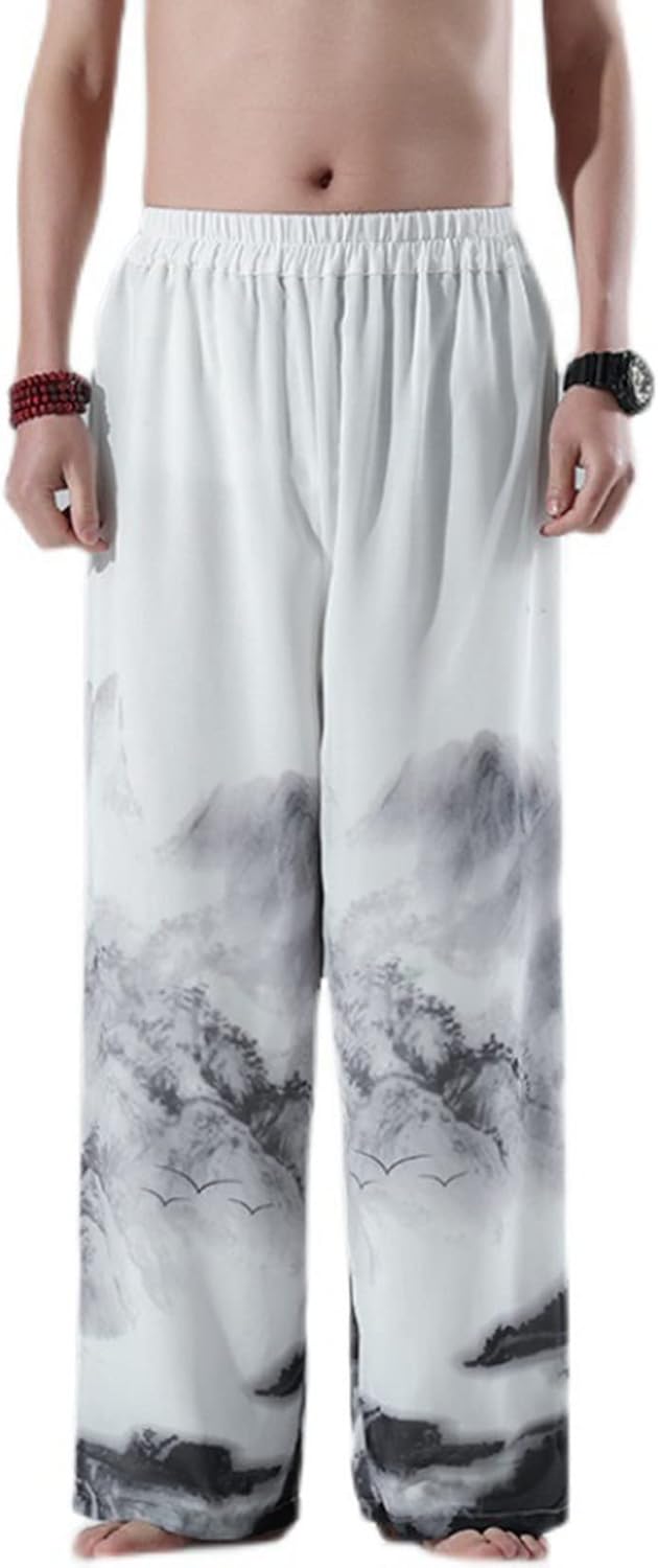 水墨画 ロングパンツ 涼感 アイスタッチ 長ズボン 夏用 メンズ ワイドパンツ M~5XL ゆったり バギー 大きいサイズ ストレート 体型カバー ドレープ オシャレ モード系 エスニック風 カジュア
