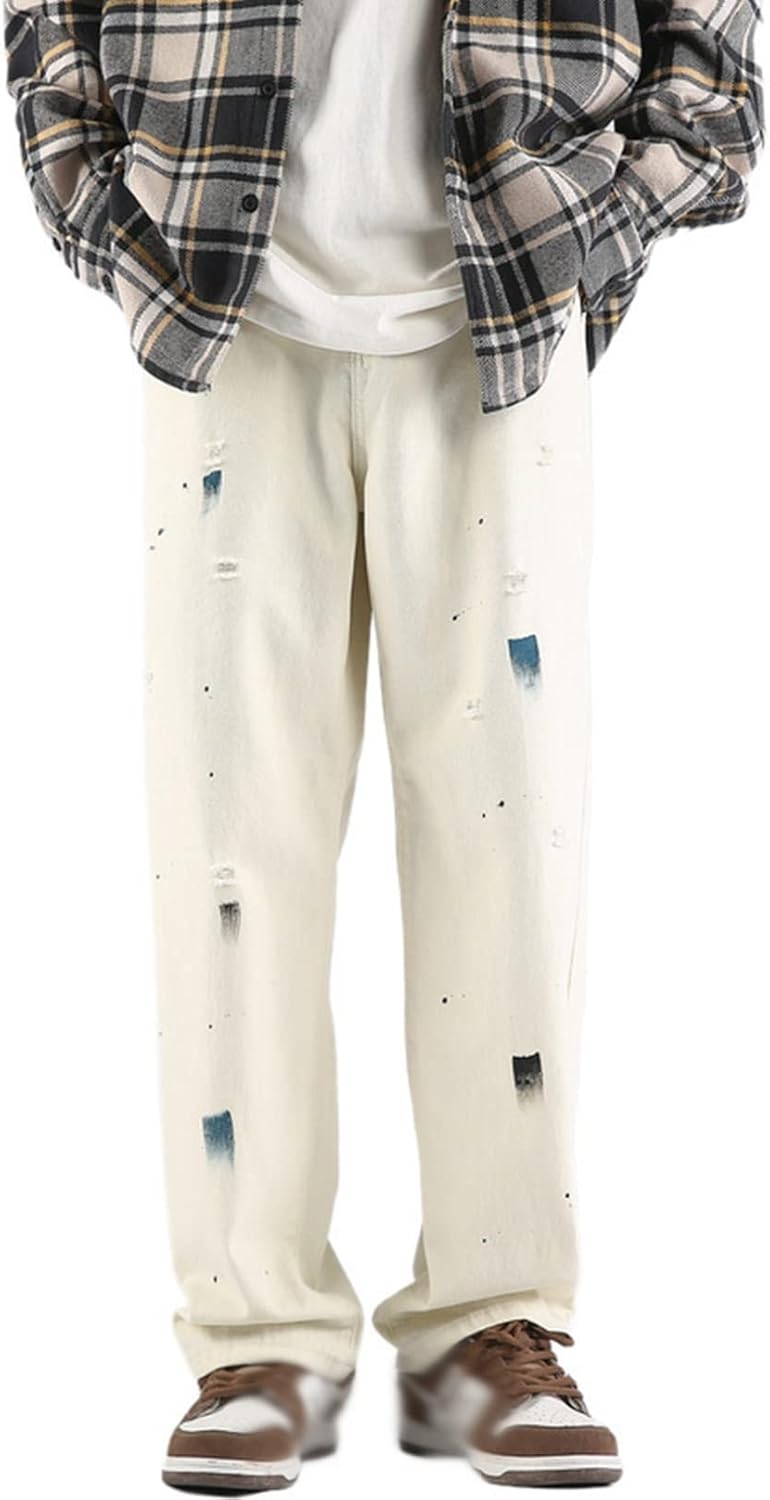 ダメージジーンズ メンズ デニムパンツ インクジェット加工 ヒップホップ ストリートファション カジュアル ワイド ルーズ Gパン ストレート ロングパンツ 前開きジッパー おしゃれ 大きいサイズ|Yokos