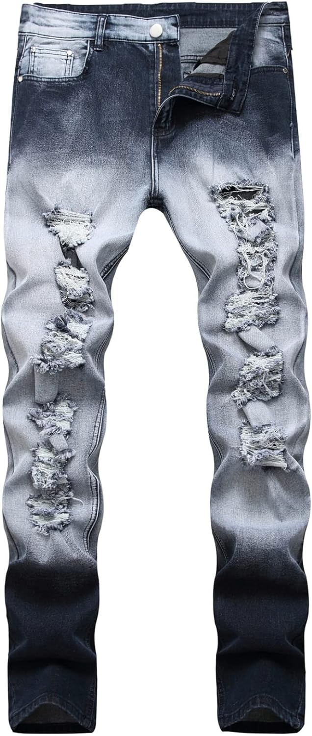 デニムパンツ ジーンズ メンズ 細め ストレッチ ロングパンツ ダメージ加工 グラデーション 美脚 JEANS 大人 男子 レギュラー 部屋着 ストリート系 カッコイイ 米海軍 アメリカン 定番 リラ