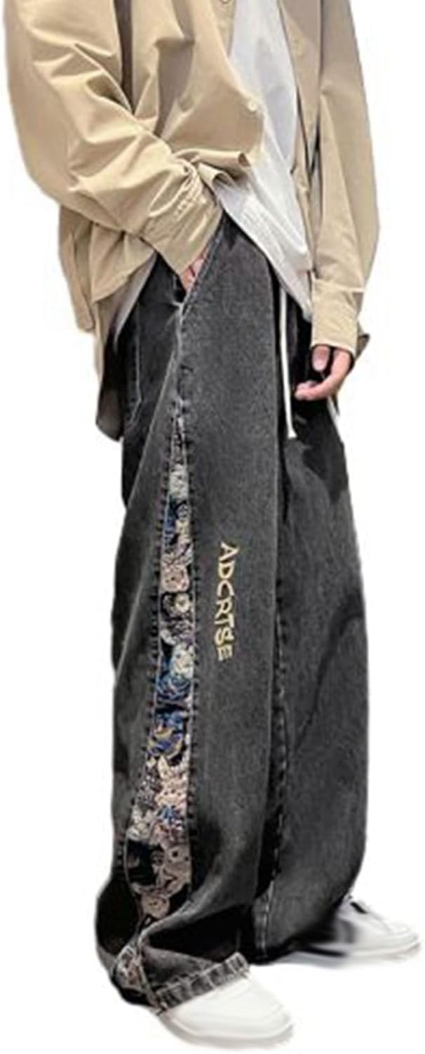 デニムパンツ メンズ サイド和風花柄 ワイドパンツ ロングパンツ ストレートタイプ チノパン ウエスト紐 ルーズ 通気性いい 軽い 柔らかい 甘めのコーデ 四季使用 運動ウェア 旅行 ダンス
