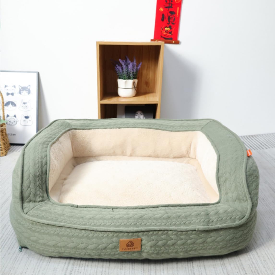ペットソファー 猫 犬 グリーン ベッド クッション ふわふわ 柔らかい 滑り止め 洗える 夏/冬 ペットベッド 可愛い スクエア型 中小型犬用 105*70*28 マット ふかふか もこもこ 寝床｜Yokos
