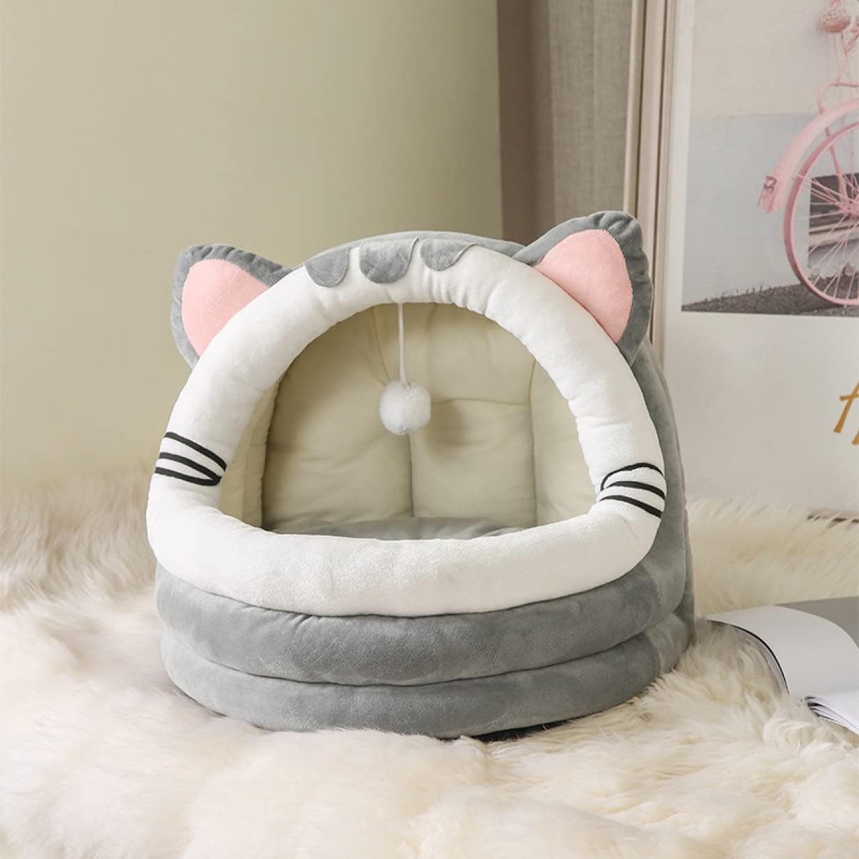 ペットハウス ドーム型 ペットベッド 犬 猫 ベッド 猫ハウス 冬 冬寒さ対策 ふわふわ 30*30cm 暖かい 犬 猫ハウス 洗える おしゃれ グレー 折りたたみ式 キャットハウス 猫 寝袋｜Yokos