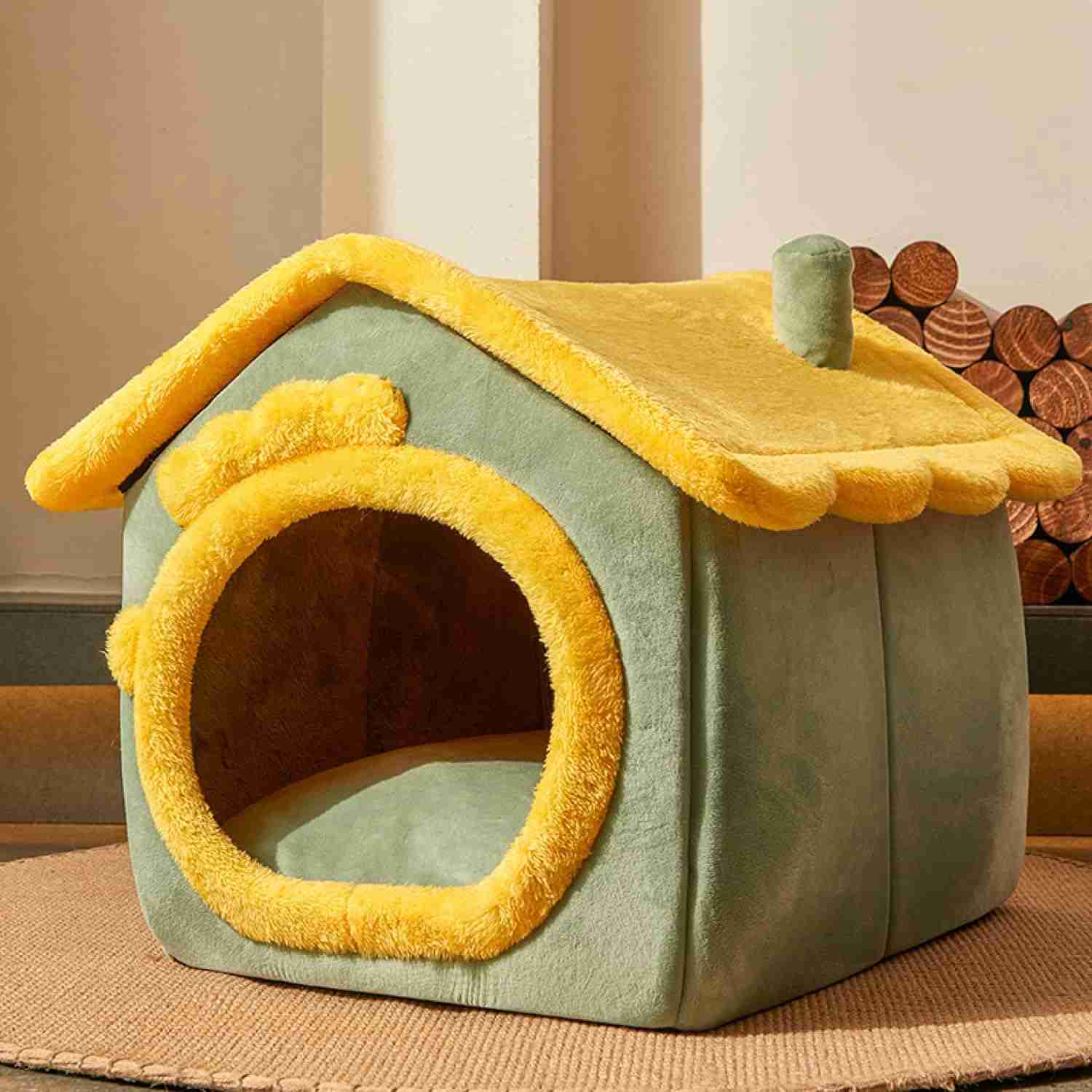 ペットハウス 犬 猫用 S ドーム型 防寒 グリーン 折りたたみ 室内用 三角屋根 ペットベッド 猫ベッド かわいい柔らか 折りたたみ 取り外し クッション付き 犬小屋 犬ハウス 猫ハウス 小型犬 あ｜Yokos
