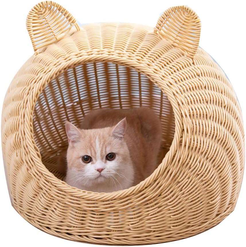 ペットベッド 猫 ペットハウス キャットケージ 猫かごネスト プラスチック藤編み M 食品グレード藤編み 可愛い猫耳型 ベージュ 丈夫 清潔 無味 通気製 かわいい 猫 耳 みみ ドーム型ペットベット