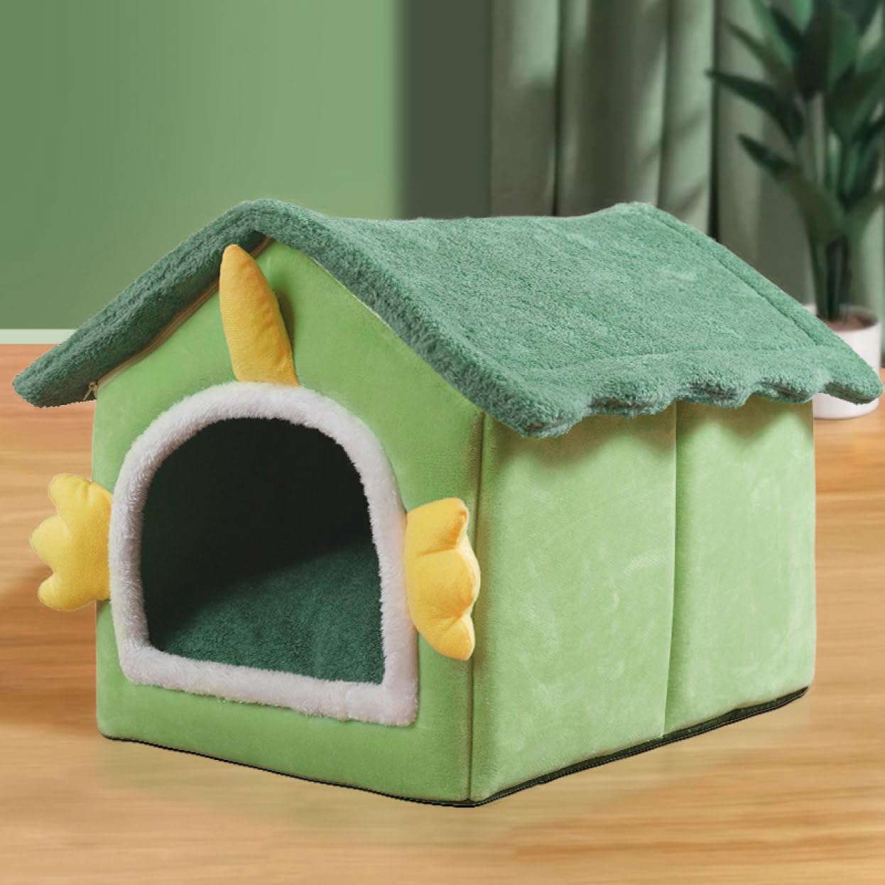 ペットベッド ドーム型 グリーン/緑 ペットハウス 2way 犬猫用 室内用 オールシーズン ふわふわ L クッション付き 犬小屋 屋根付き 猫 テント おしゃれ 洗える 折りたたみ可 寝床