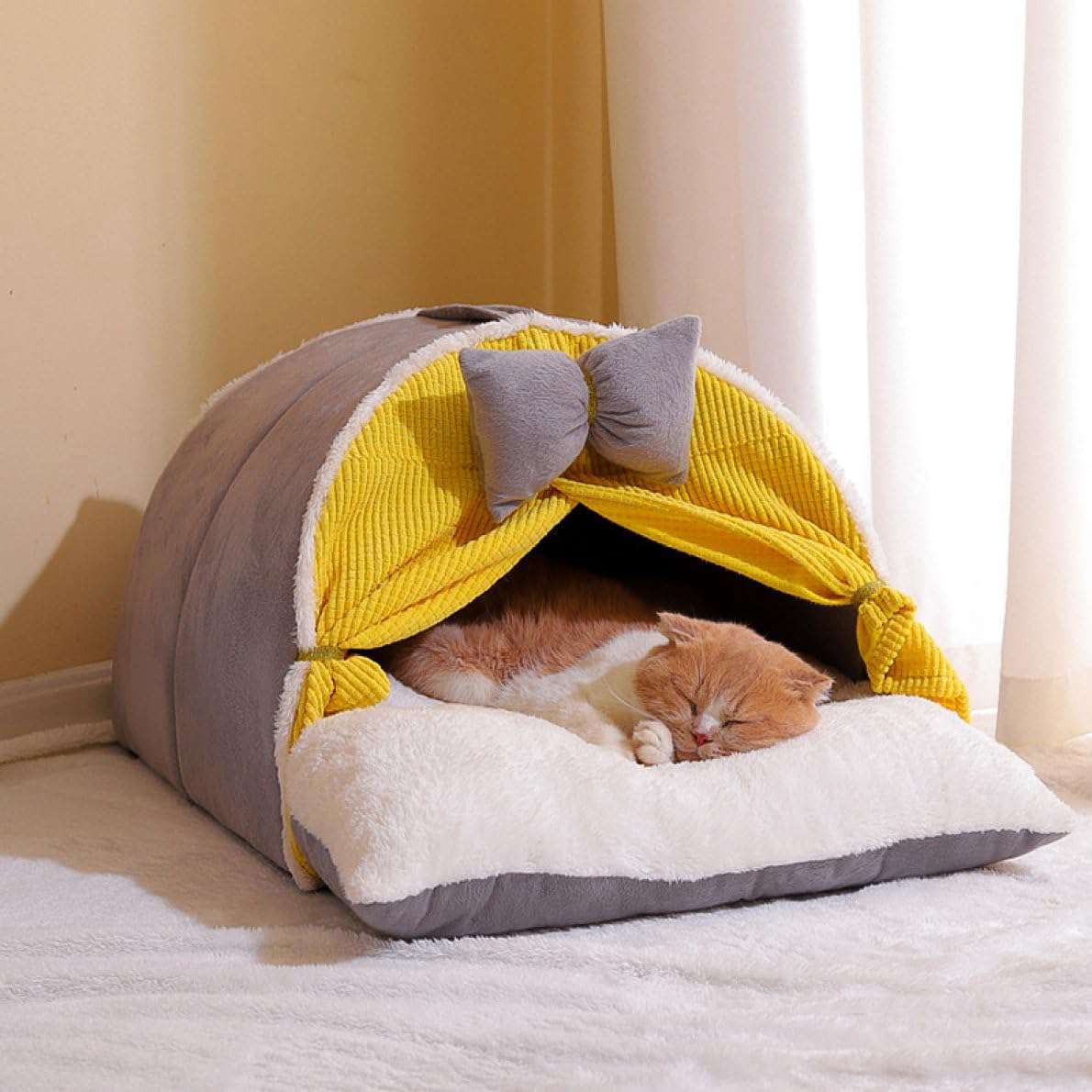 ペットテント ペット用ベッド 寝具 クッション付き 暖かい テント 可愛い キャットハウス 室内 秋 冬 犬猫兼用 ドッグ カーテン 猫 犬 L ネコ イヌ 室内ハウス 洗える お部屋 カラー1 小型｜Yokos