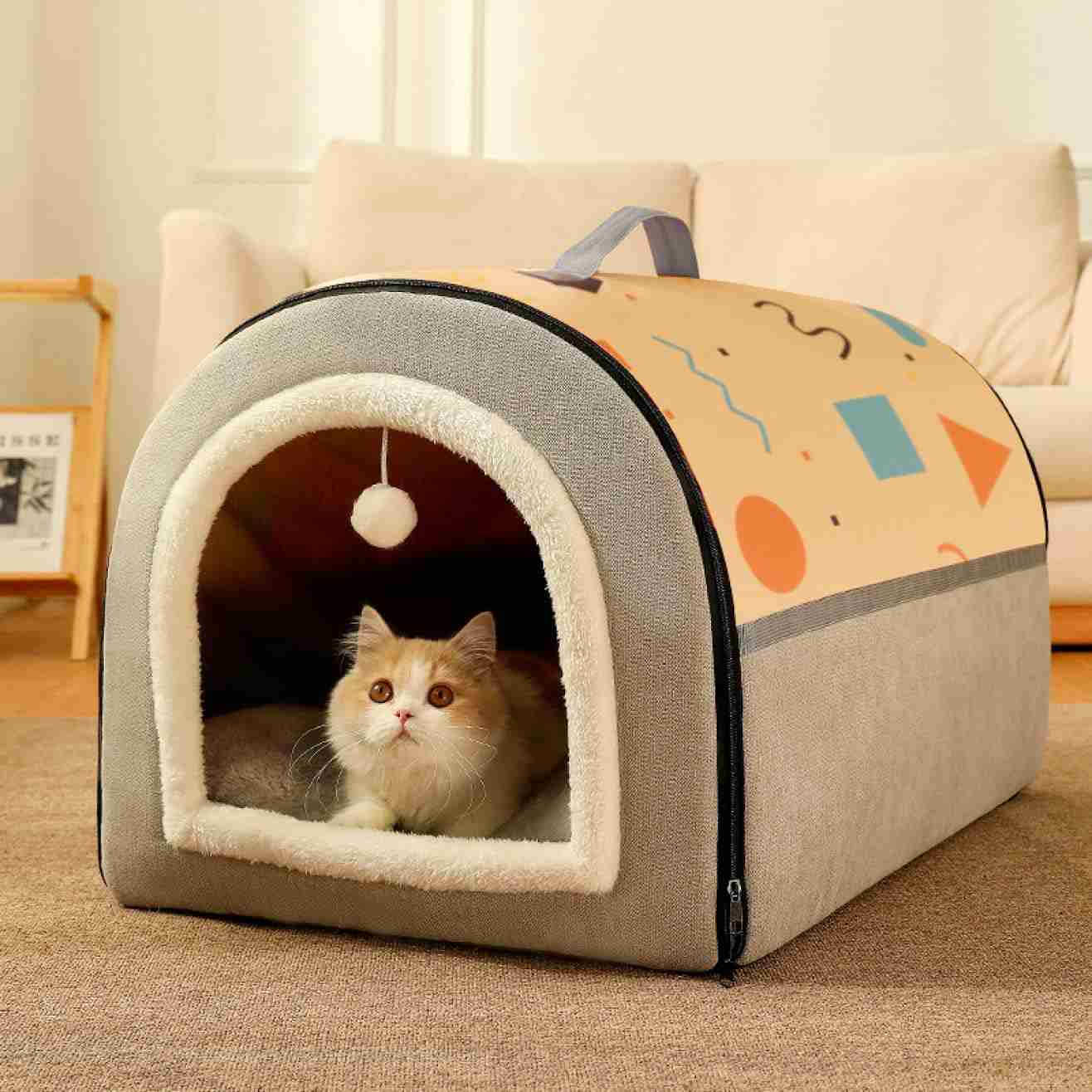 ペットベッド ドーム型 イエロー ペットハウス 2way 犬猫用 室内用 折りたたみ可 ふわふわ クッション付き L 犬小屋 屋根付き 猫 テント ペットソファ おしゃれ オールシーズン 洗える 冷暖