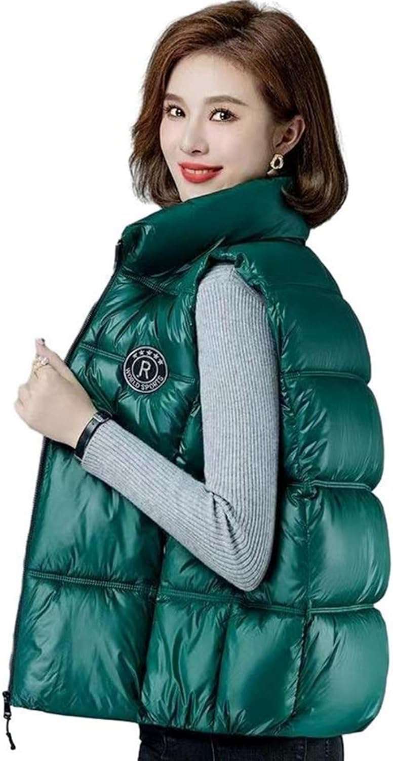 光沢 ダウンベスト レディース 女性用 秋 冬 スタンドカラー 袖なし ポケット ファスナー付き 中綿ベスト 保温 大きめ ゆったり 着痩せ パファーベスト 英字柄 オシャレ 韓国 オフィス パーティ｜Yokos