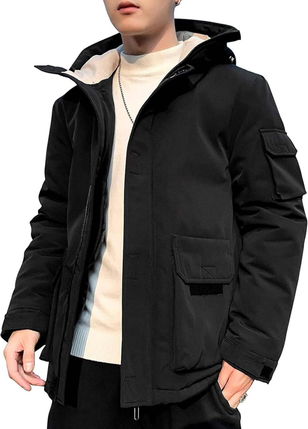 ダウンジャケット ショート丈ジャケット メンズ ダウンコート ジャンパー アウター マルチポケット フード付き 冬服 無地 おしゃれ ストリート カジュアル 防風 防寒着 厚手 秋冬｜Yokos