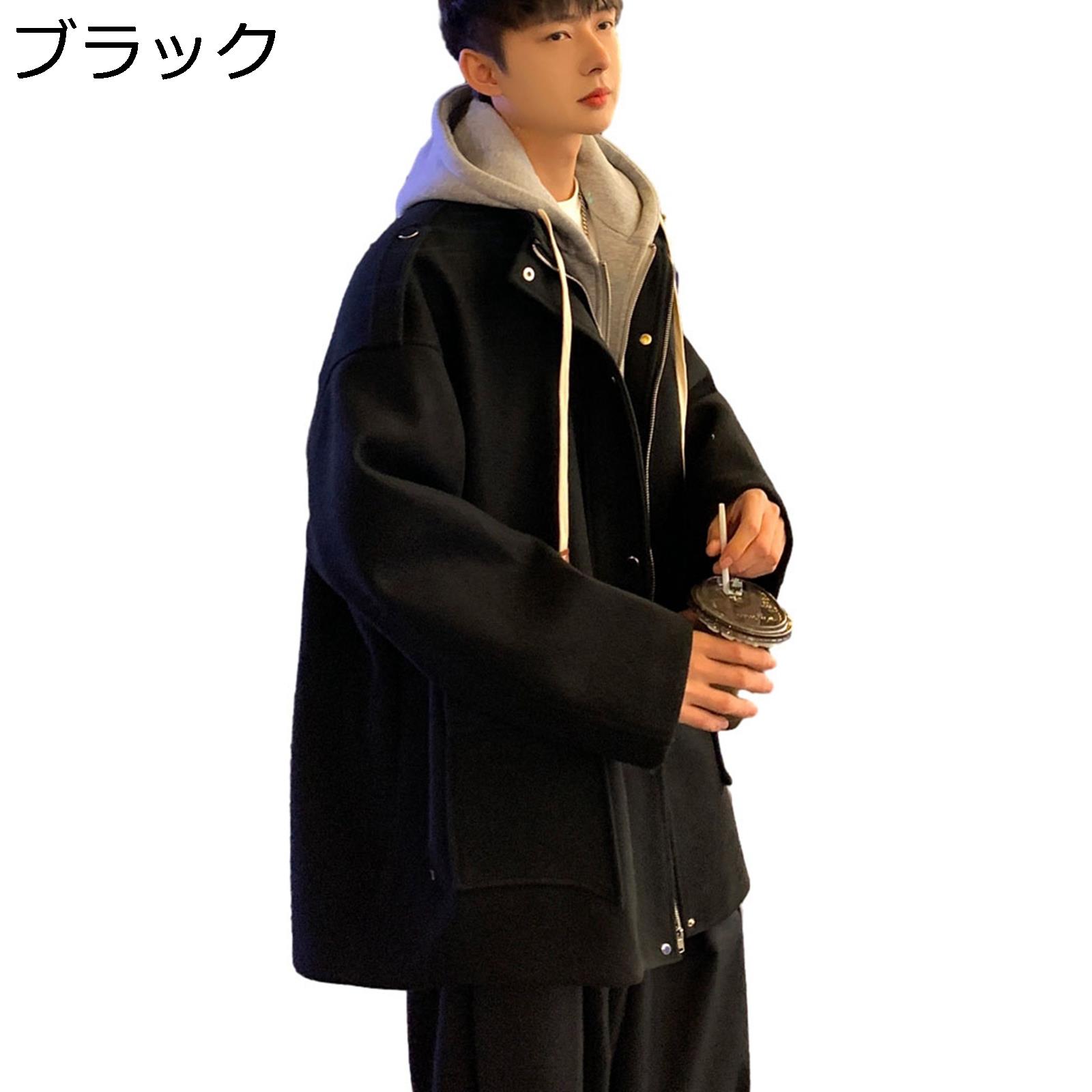 【20%OFFクーポン～】重ね着風 チェスターコート メンズ 秋冬 フード付き メルトンコート ショート丈 暖かい 防風 防寒 アウター 大きいサイズ ゆったり ドロップショルダー おしゃれ カジュアル トレンチコート｜Yokos