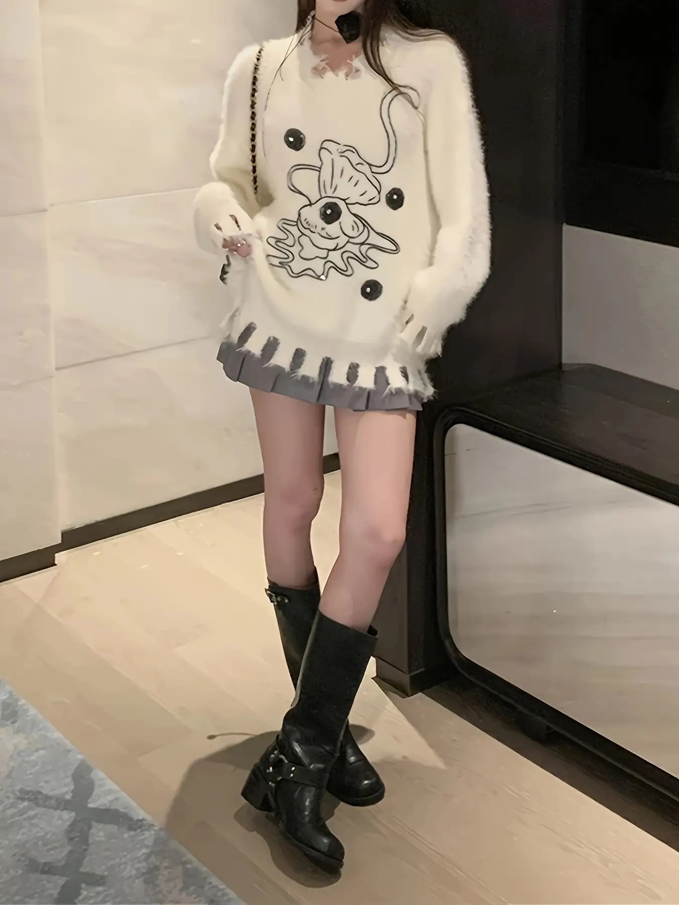 【ダメージ加工】 ニット セーター レディース トップス シャギーニット モヘアタッチ プルオーバー ダメージ クラッシュ 穴あき ビッグシルエット オーバーサイズ ゆったり 長袖 クルーネック キャラクター プリント 総柄 レトロ 古着風 ストリート 韓国 地雷系｜Yokos