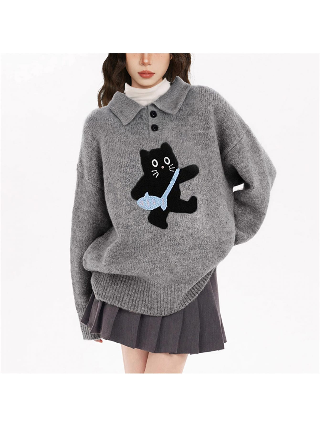 【大人可愛い】ポロ襟 ニット セーター レディース 襟付き ハーフボタン 猫 ネコ ねこ アニマル トップス 長袖 厚手 暖かい ビッグシルエット オーバーサイズ ゆったり 体型カバー 着痩せ 細見え 華奢見せ カジュアル ガーリー 秋冬 グレー 灰色 20代 30代 40代